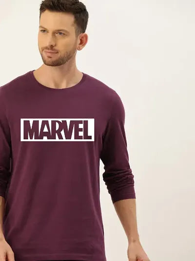 Classic Magenta Cotton Blend Printed Round Neck Full Sleeves Tees For Men