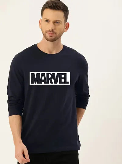 Classic Navy Blue Cotton Blend Printed Round Neck Full Sleeves Tees For Men