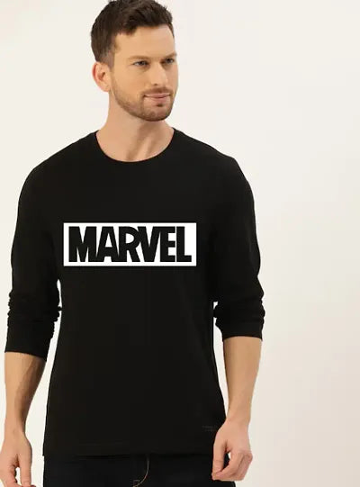 Classic Black Cotton Blend Printed Round Neck Full Sleeves Tees For Men