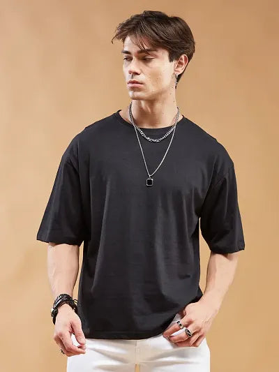 Reliable Black Cotton Blend Printed Round Neck OverSized T-Shirt For Men