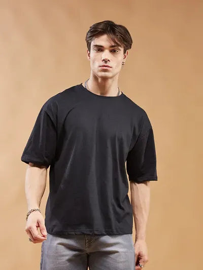 Reliable Black Cotton Blend Printed Round Neck OverSized T-Shirt For Men