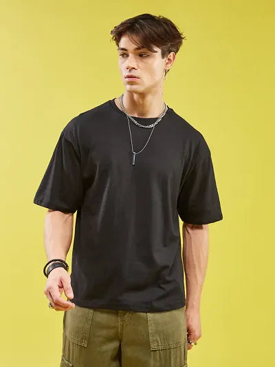 Reliable Black Cotton Blend Printed Round Neck OverSized T-Shirt For Men