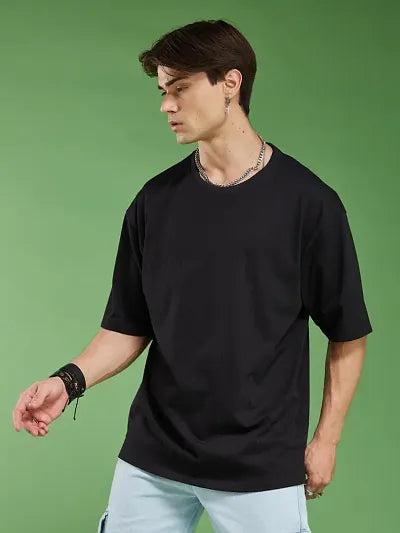 Reliable Black Cotton Blend Printed Round Neck OverSized T-Shirt For Men