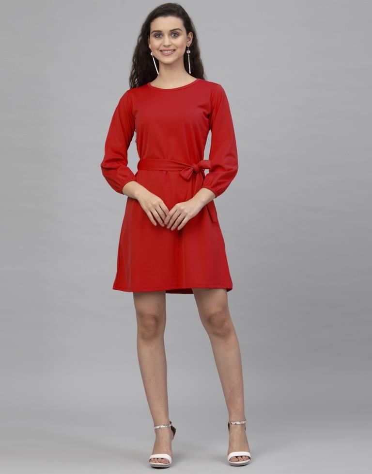 Classy Red Coloured Knitted Lycra Dress