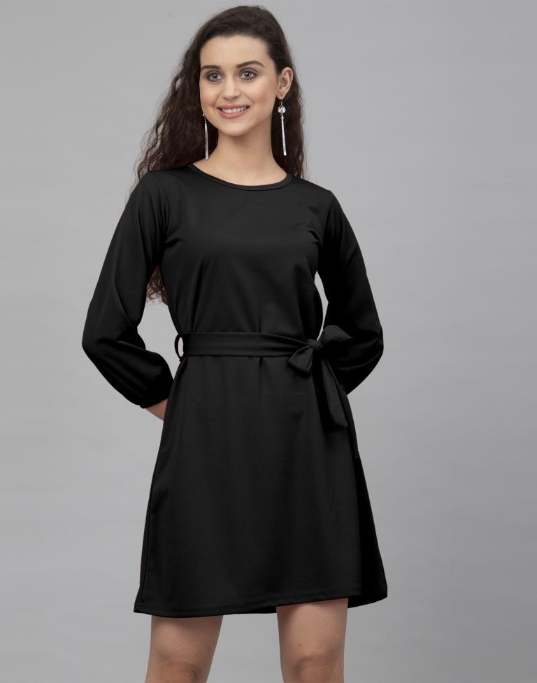 Desirable Black Coloured Knitted Lycra Dress 