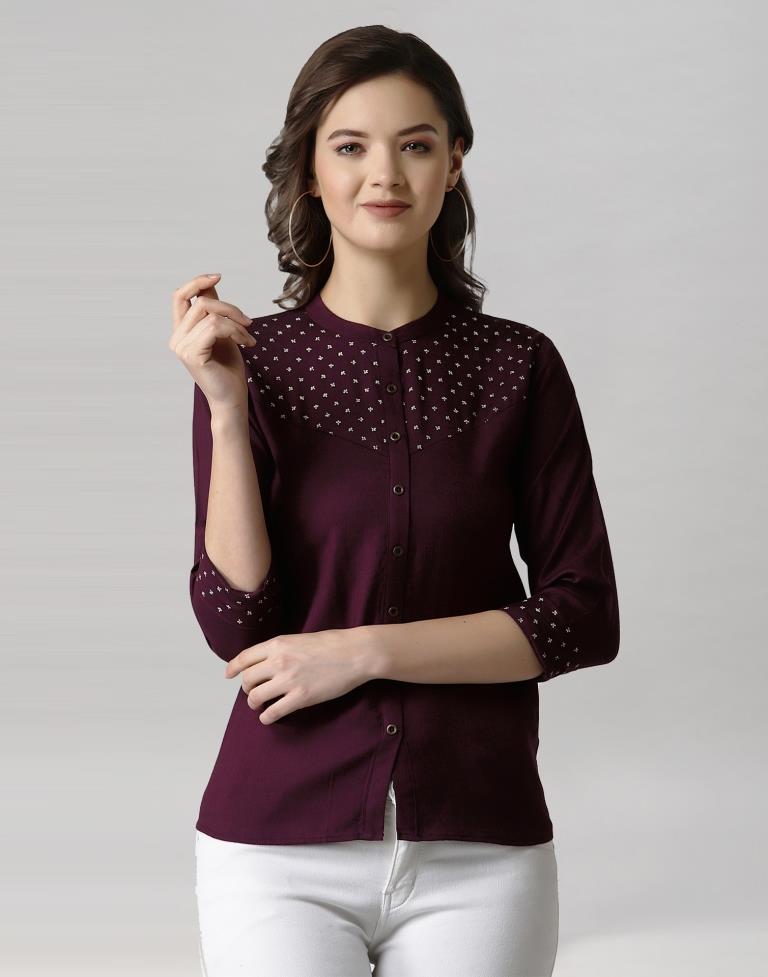 Wine Coloured Diva Slub Printed Top 