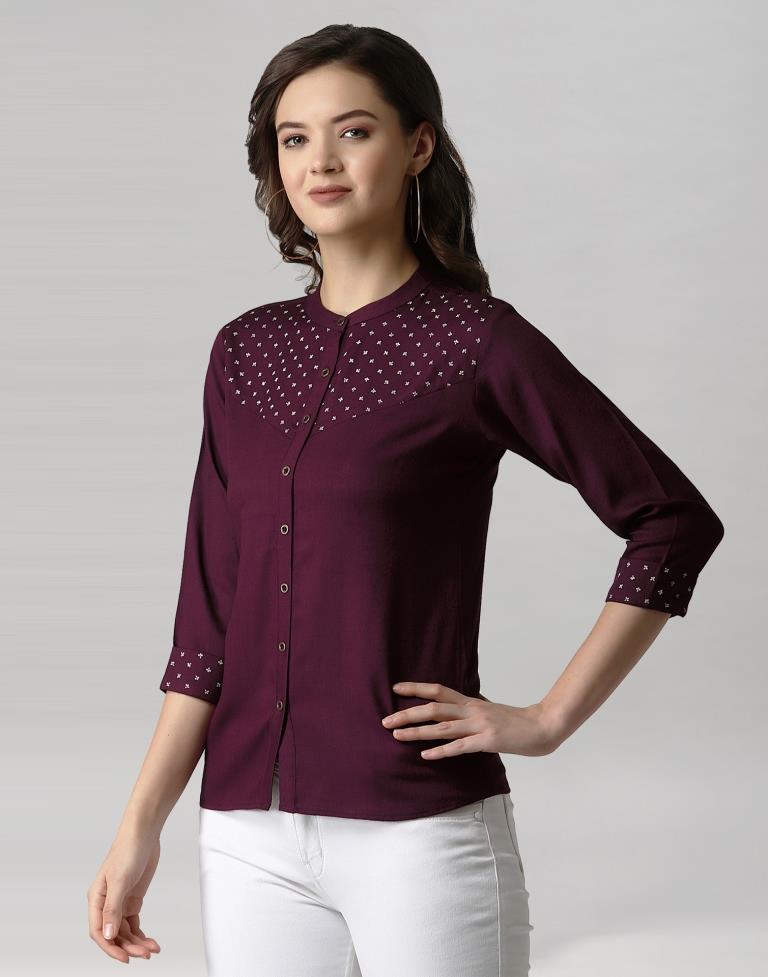 Wine Coloured Diva Slub Printed Top 