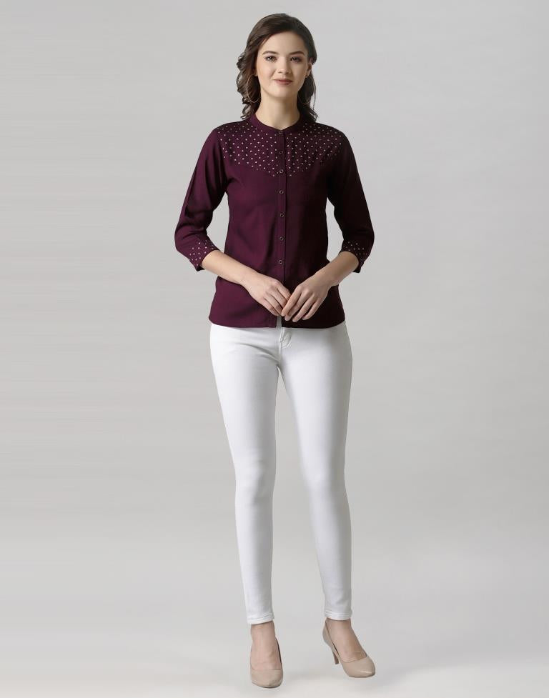 Wine Coloured Diva Slub Printed Top 