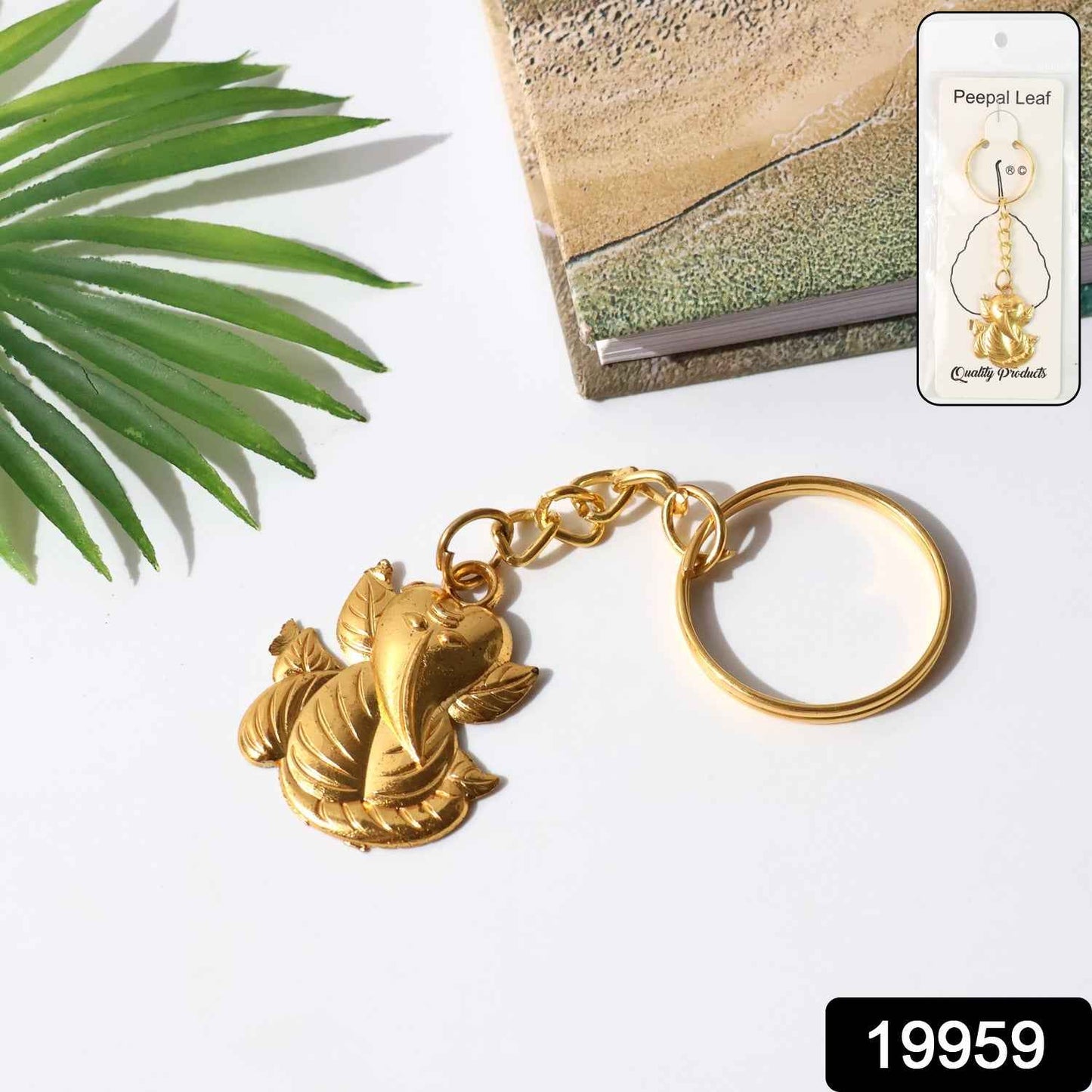 Golden Ganesh Leaf Design Keychain (1 Pc)