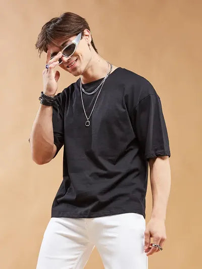 Reliable Black Cotton Blend Printed Round Neck OverSized T-Shirt For Men