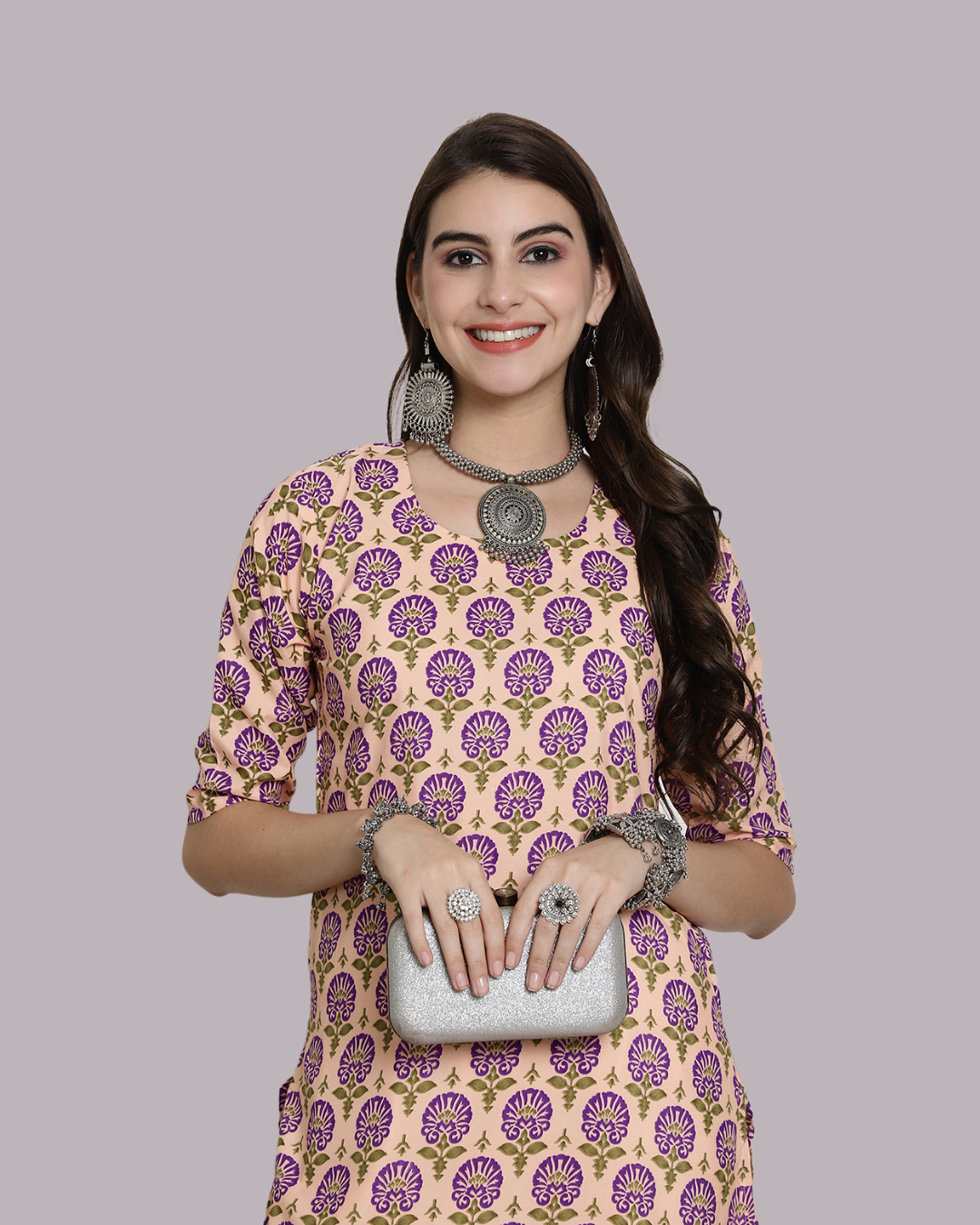 Soft Beige and Violet Bloom Kurta 