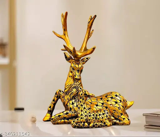 Kraphy Resin Brass Finish Feng Shui Deer Statue for Longevity and Energetic Environment | Showpiece for Home Office Decor and Gift Statue Showpiece Vastu Decorative Deer with Baby 