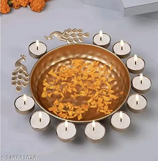 New Peacock Metal Bowl Urli Table Accents for Decoration | Gift Item Table Decorative Showpiece (Golden) 