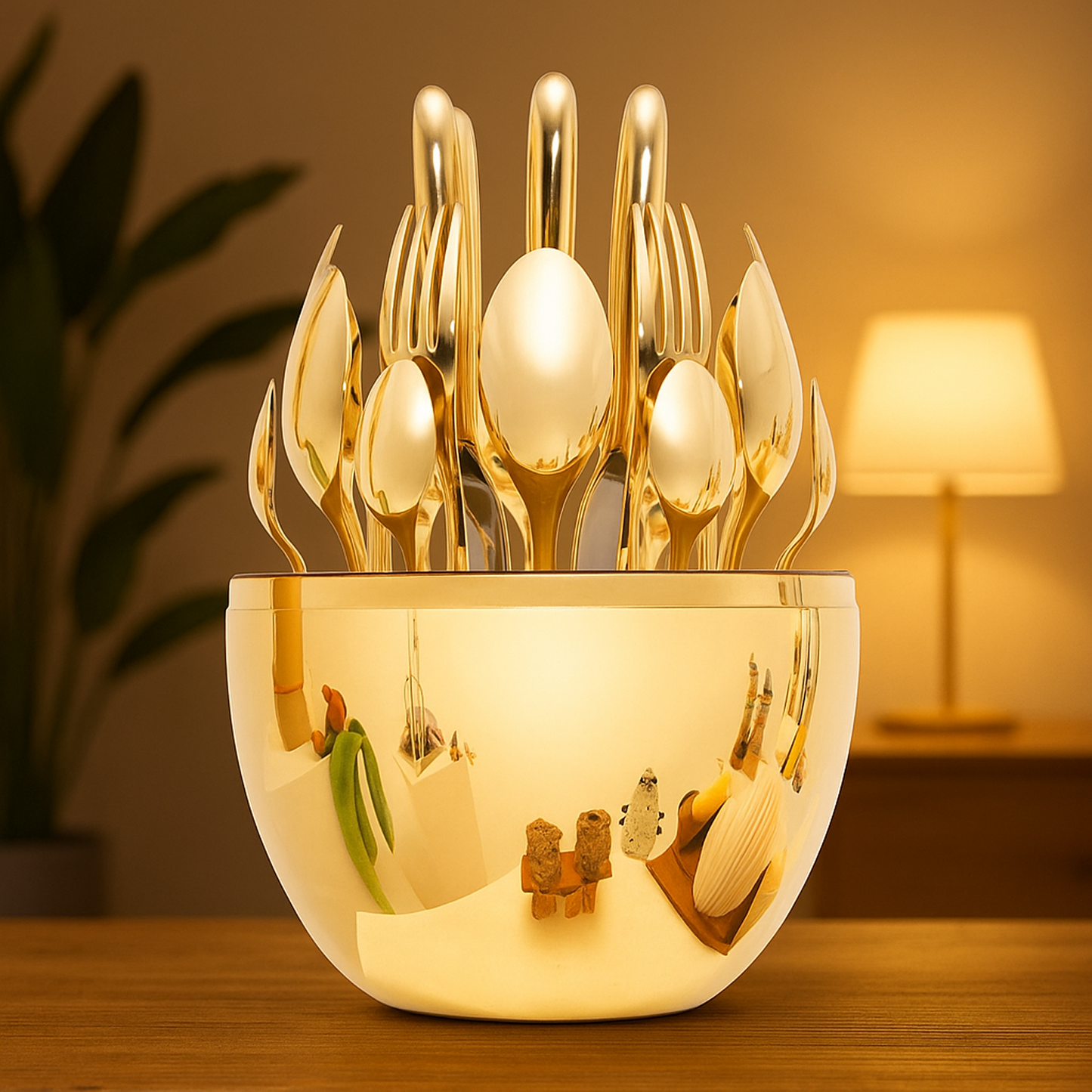 Premium Cutlery Set 24 Pcs with Oval Shaped Stand | Beautiful Stylish Oval Designed Cutlery Sets, Egg-Shaped Luxury Spoon Holder Set  (Golden / 24 pcs set)