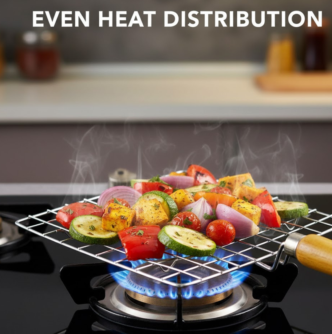 Kitchen Square Stainless Steel Roaster Jali, Barbecue Grill with Wooden Handle