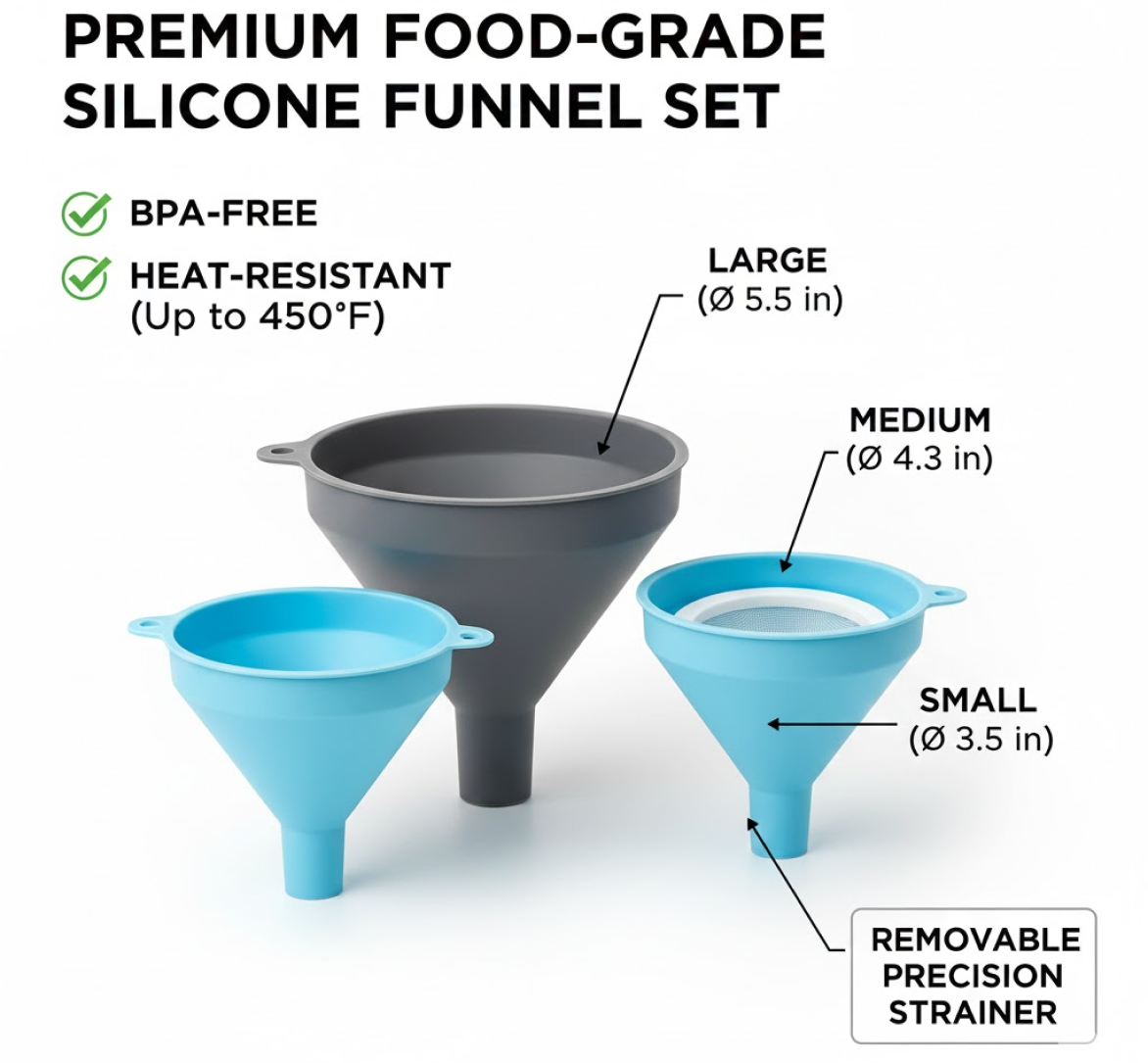 3 in 1 Kitchen Funnel Set of 3, Funnel for Filling Bottle, Small Canning Funnel with Handle, Food Grade Plastic Funnel with Detachable Strainer Filter for Liquid, Dry Ingredients, and Powder