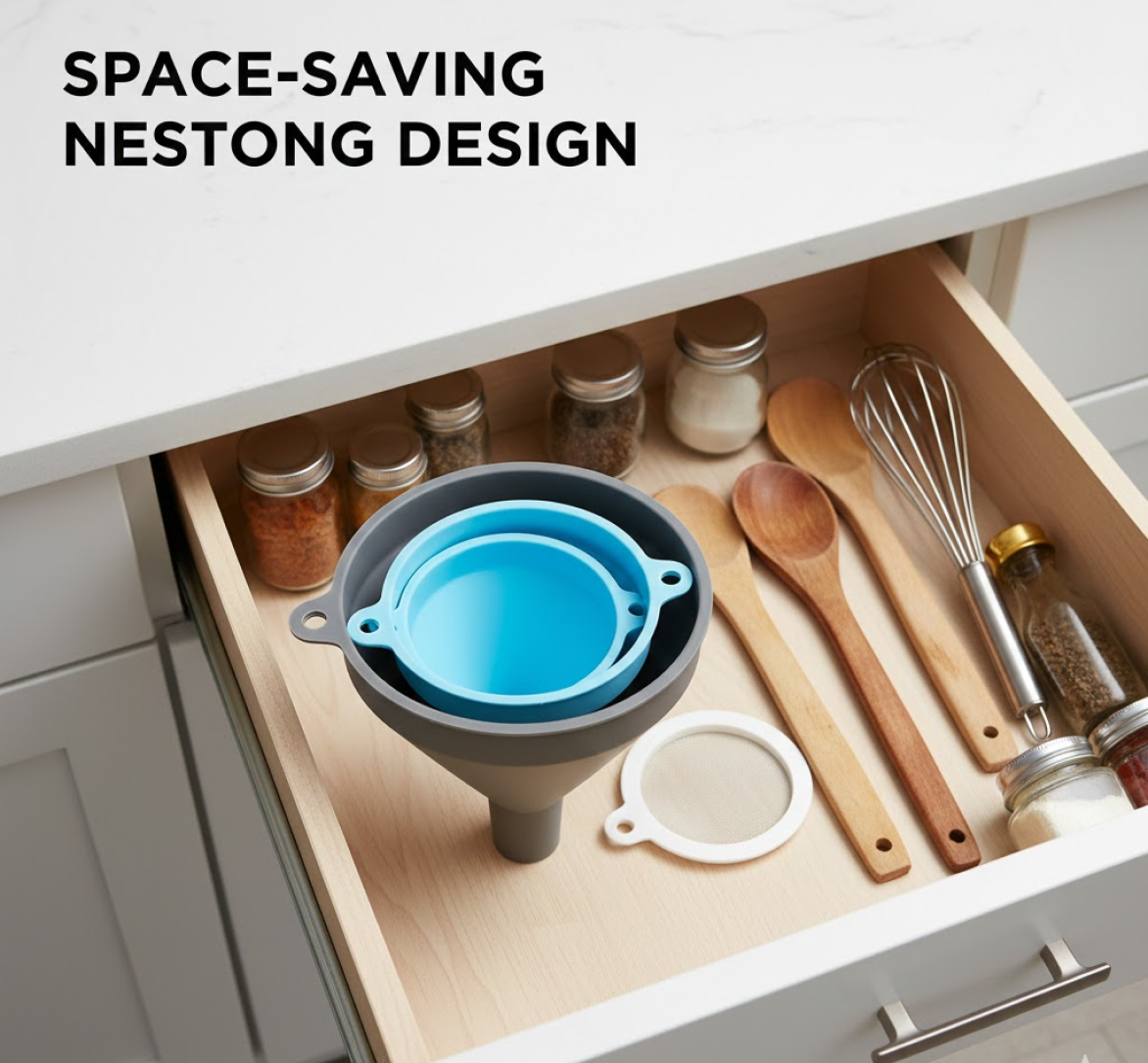 3 in 1 Kitchen Funnel Set of 3, Funnel for Filling Bottle, Small Canning Funnel with Handle, Food Grade Plastic Funnel with Detachable Strainer Filter for Liquid, Dry Ingredients, and Powder