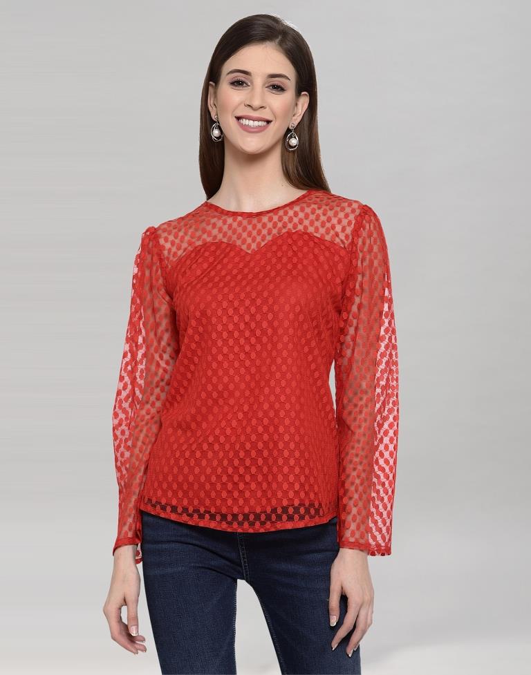 Red Coloured Plain Russell (Net) Top