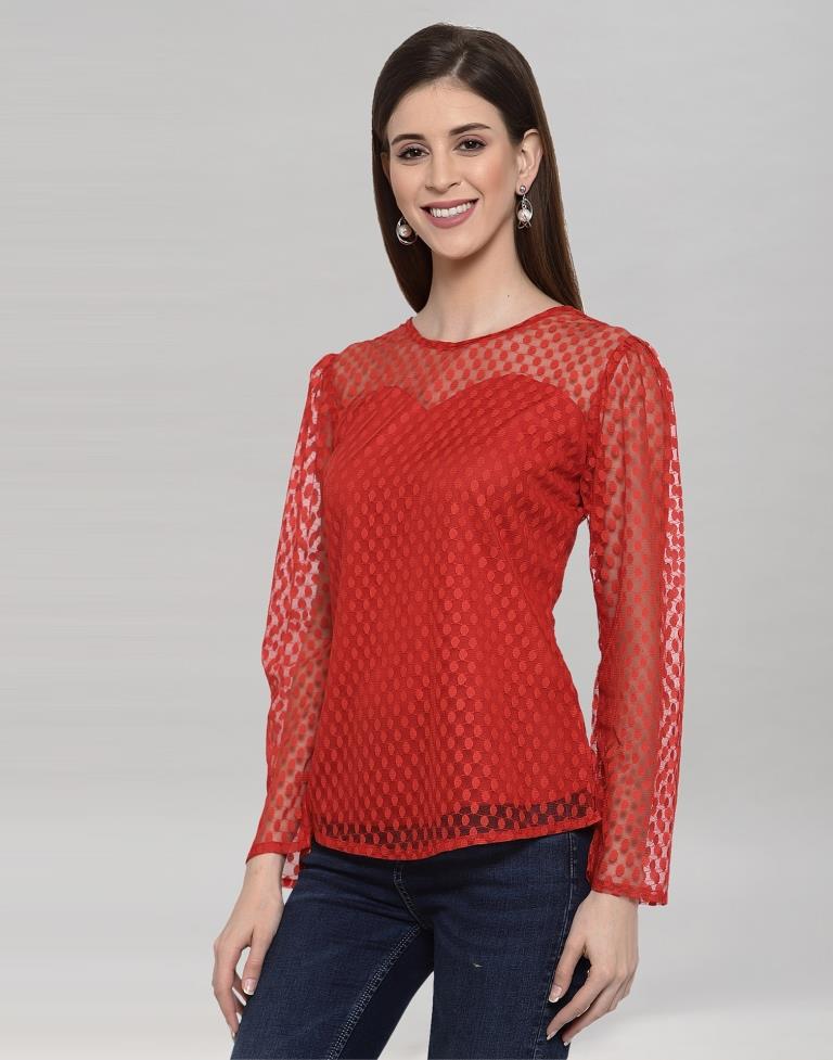 Red Coloured Plain Russell (Net) Top