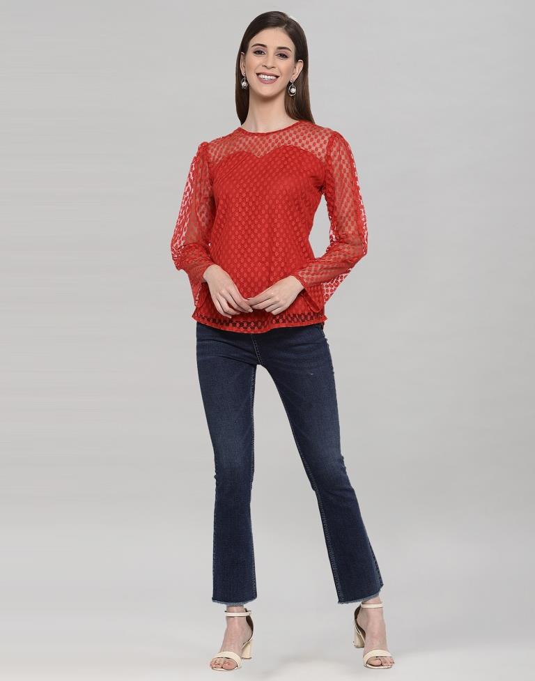 Red Coloured Plain Russell (Net) Top