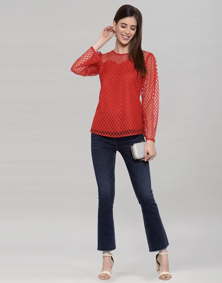 Red Coloured Plain Russell (Net) Top