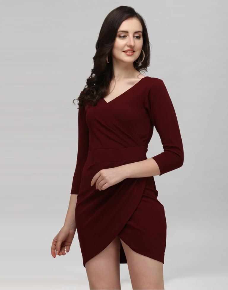 Maroon Coloured Knitted Lycra Dress