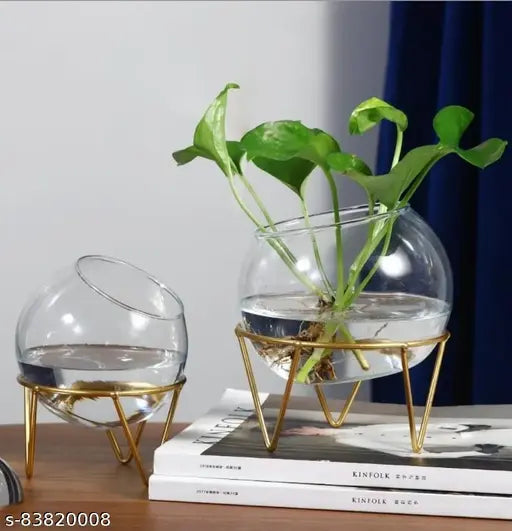 Kraphy Glass Hydroponic Medium Vase in Metal Stand Terrarium Candle Holder Home Decor (Set of 2) 