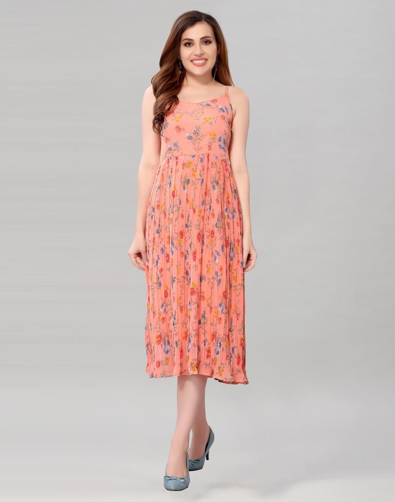 Peach Coloured Chiffon Printed Dress