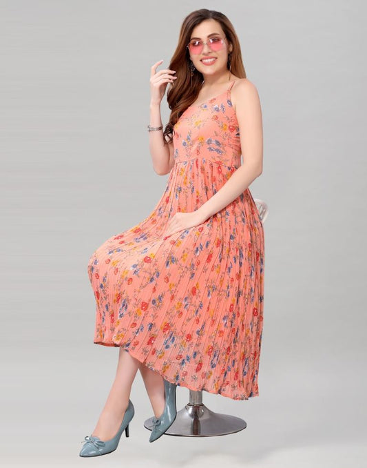 Peach Coloured Chiffon Printed Dress