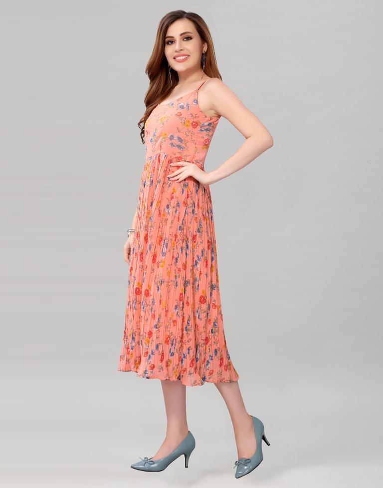 Peach Coloured Chiffon Printed Dress