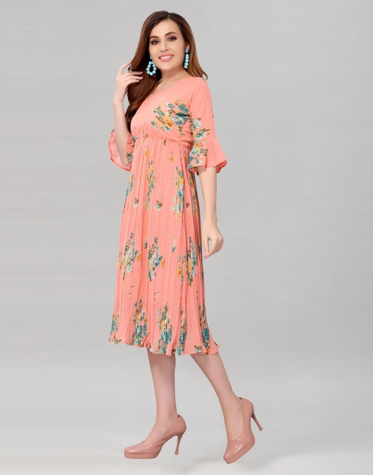 Peach Coloured Chiffon Printed Dress