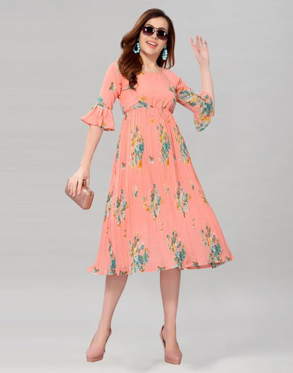 Peach Coloured Chiffon Printed Dress