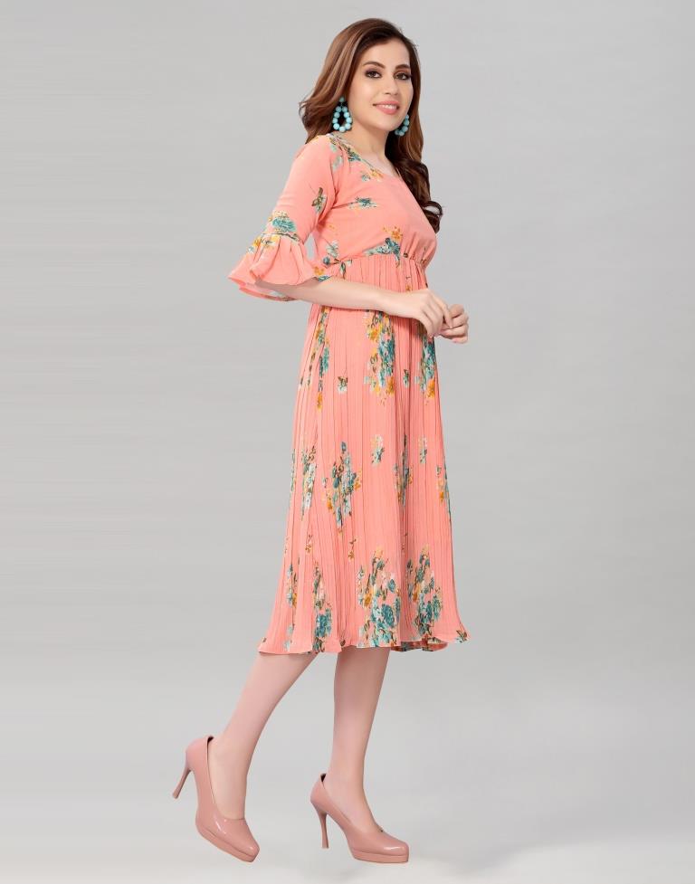 Peach Coloured Chiffon Printed Dress