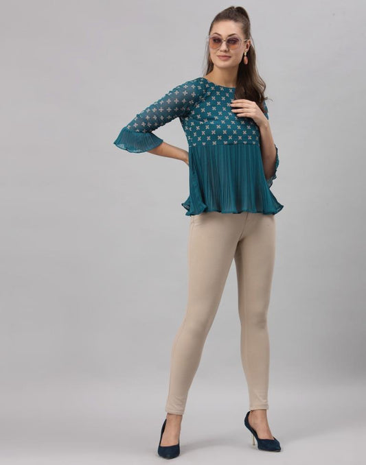 Teal Colored Georgette Printed Top 