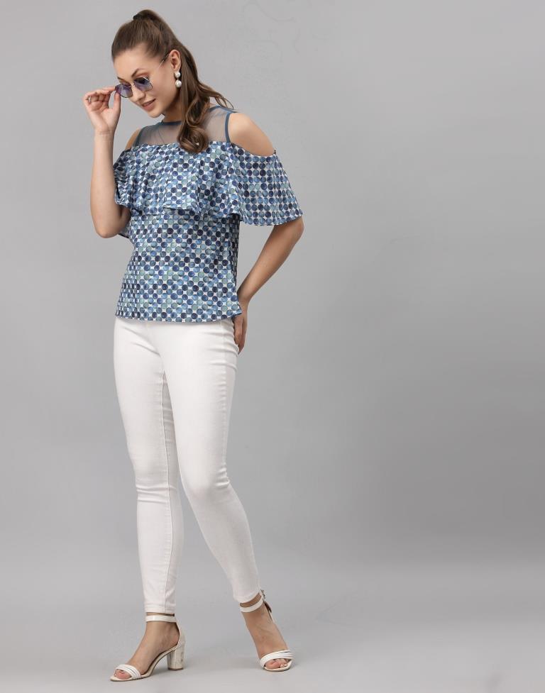 Blue Colored Crepe Digital Printed Top 