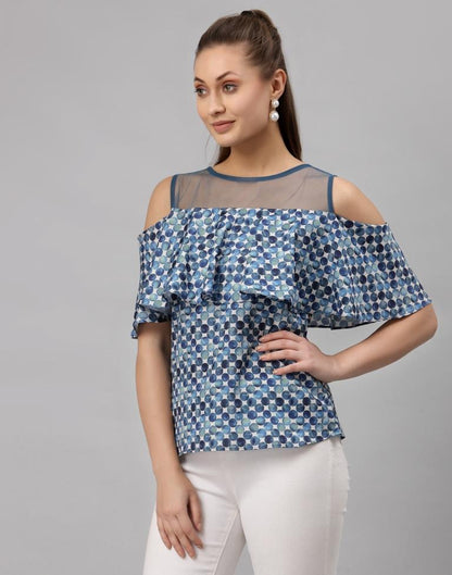 Blue Colored Crepe Digital Printed Top 