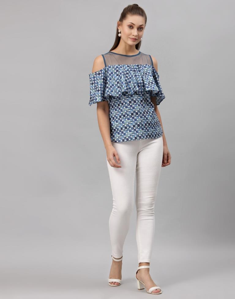 Blue Colored Crepe Digital Printed Top 