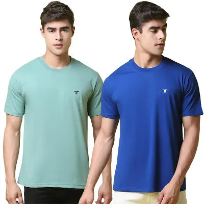 Reliable Cotton Blend Solid Round Neck Tees For Men- Pack Of 2