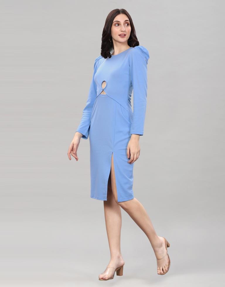 Light Blue Puff Sleeve Bodycon Dress