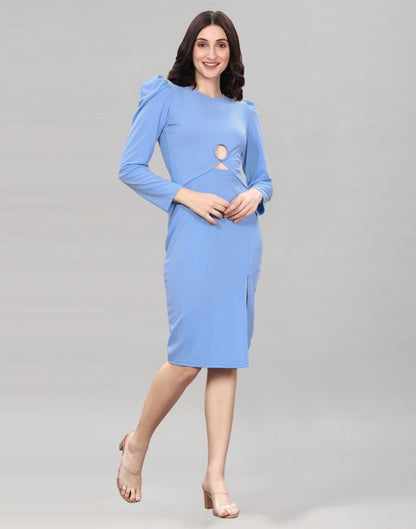 Light Blue Puff Sleeve Bodycon Dress