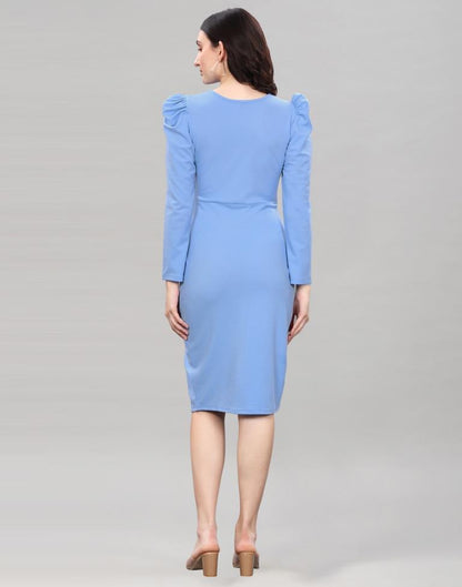 Light Blue Puff Sleeve Bodycon Dress