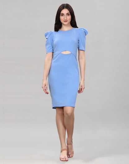 Light Blue Puff Sleeve Bodycon Dress