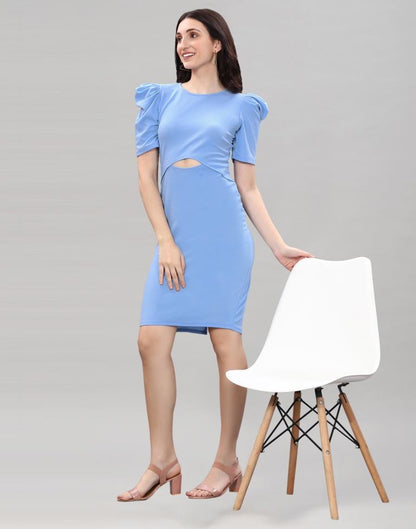 Light Blue Puff Sleeve Bodycon Dress