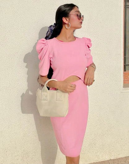 Peach Puff Sleeve Bodycon Dress | Leemboodi