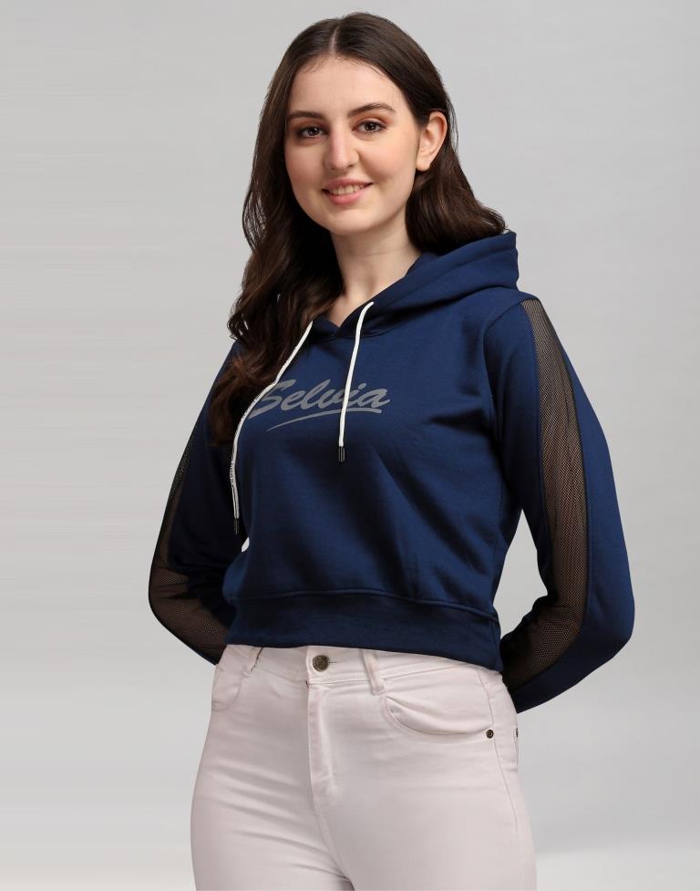 Navy Blue Coloured Cotton Fleece Blend Plain Hoodie 