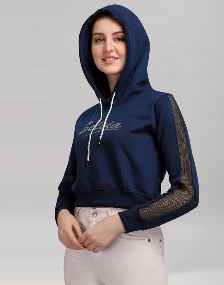 Navy Blue Coloured Cotton Fleece Blend Plain Hoodie 