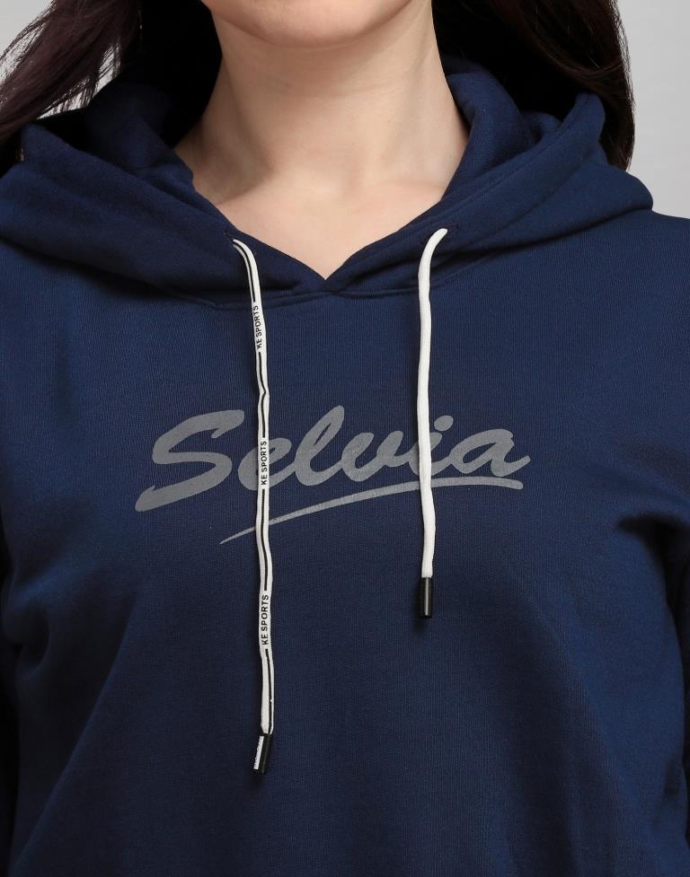 Navy Blue Coloured Cotton Fleece Blend Plain Hoodie 