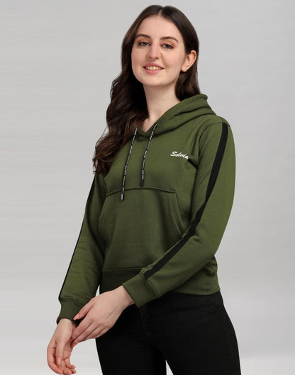 Dark Olive Green Coloured Cotton Fleece Blend Plain Hoodie 