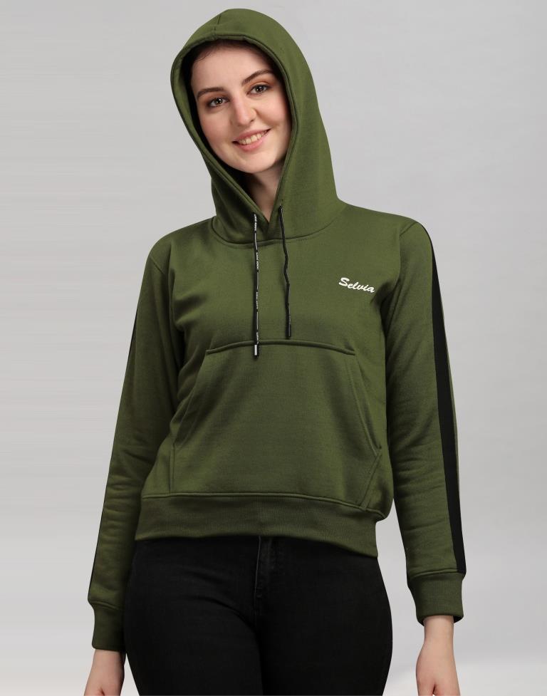 Dark Olive Green Coloured Cotton Fleece Blend Plain Hoodie 