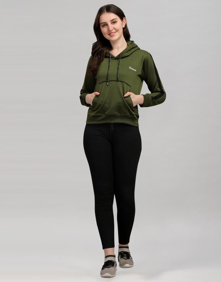 Dark Olive Green Coloured Cotton Fleece Blend Plain Hoodie 